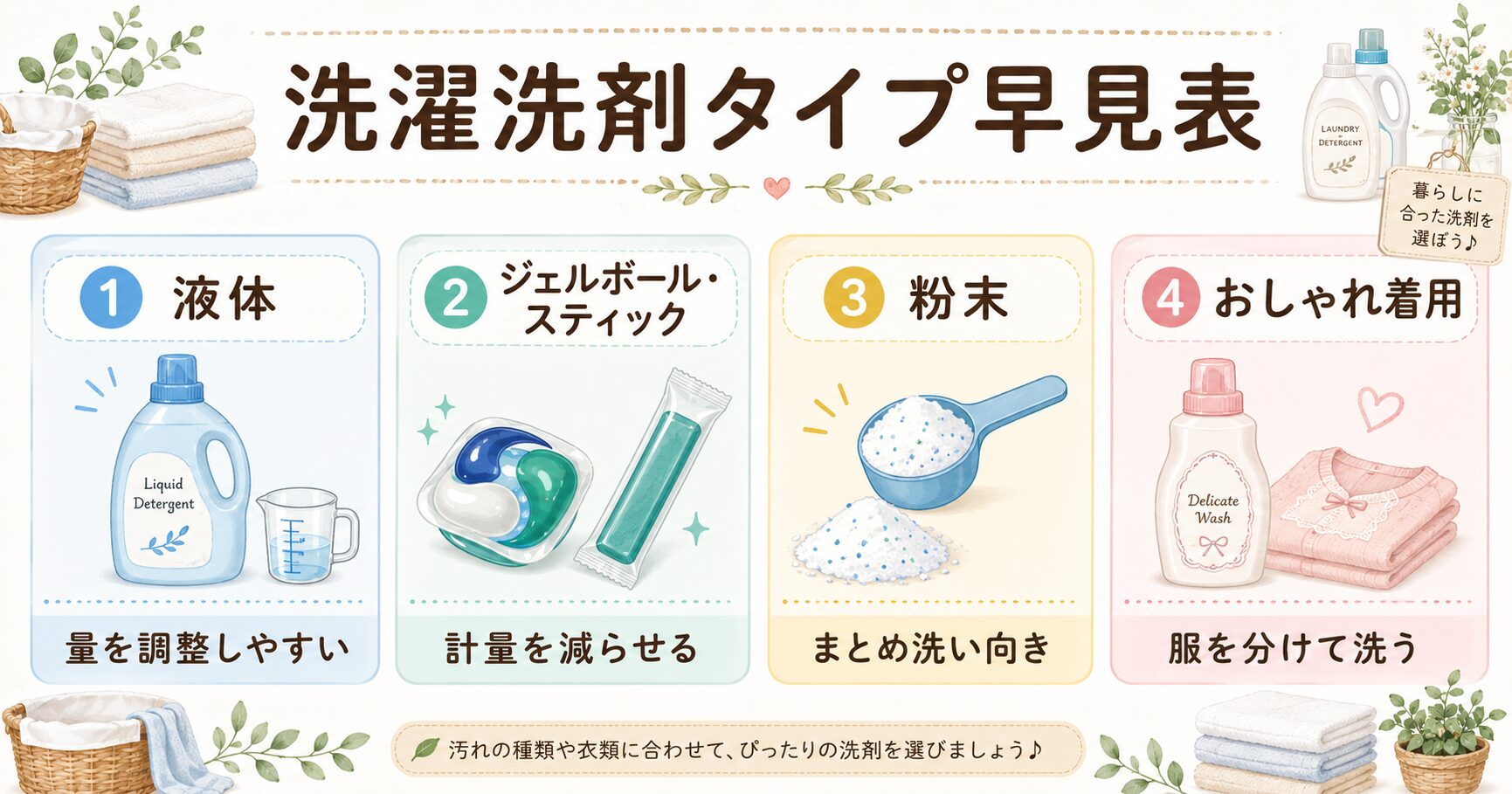 液体洗剤・ジェルボール・スティック型・粉末洗剤の違いをまとめた早見表