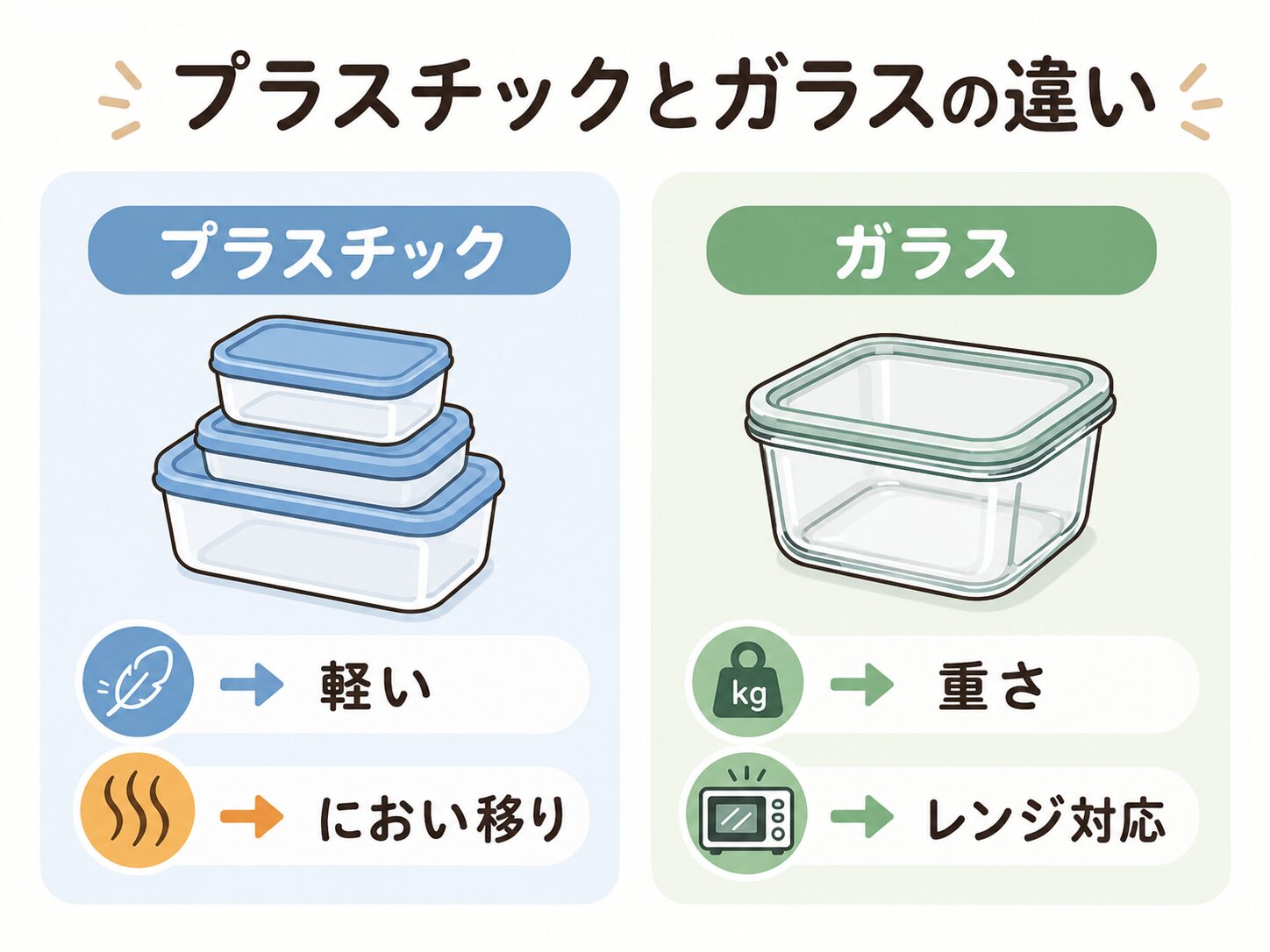 プラスチック保存容器とガラス保存容器の違いを比較した図