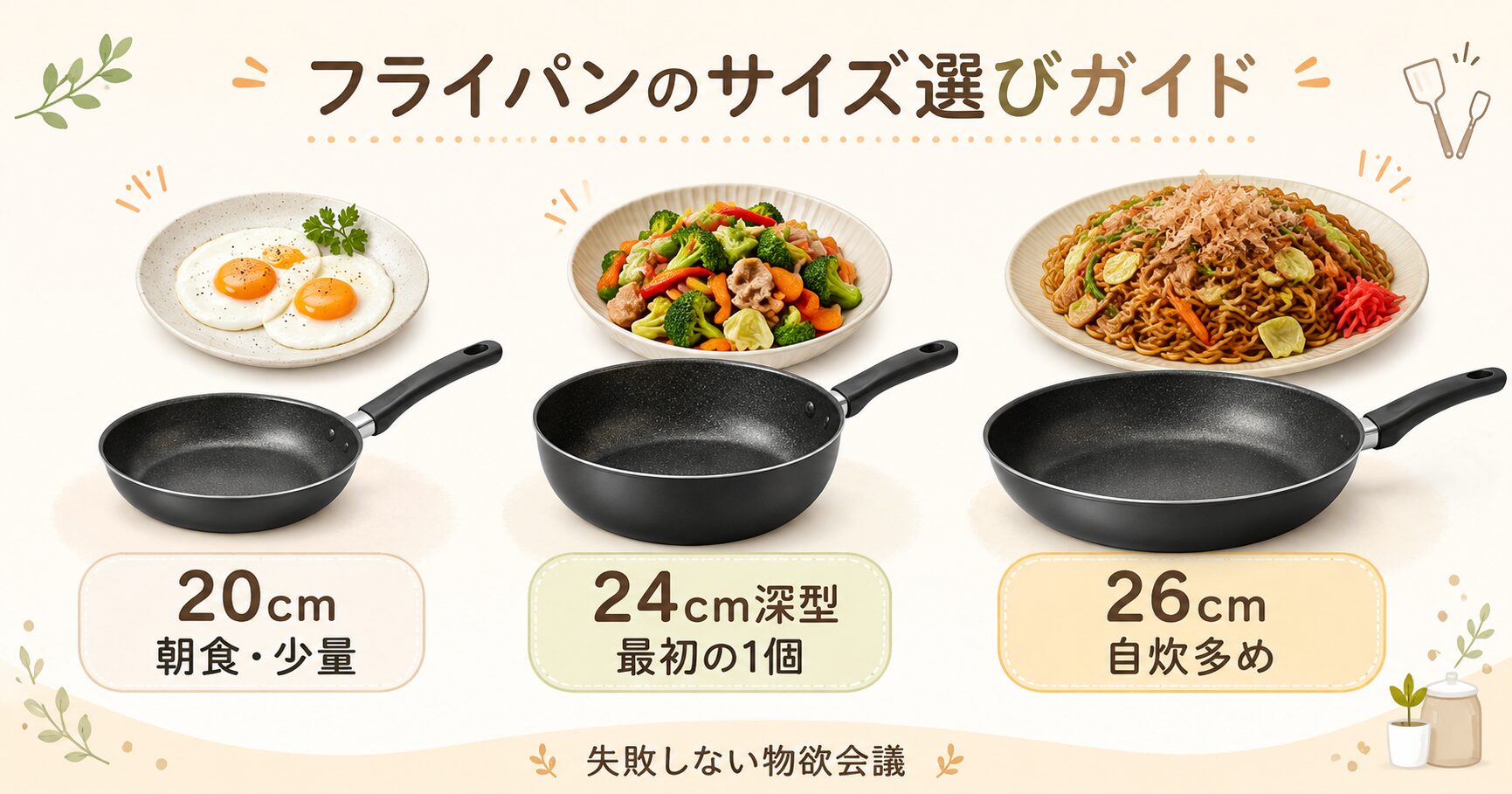 一人暮らし向けに20cm・24cm深型・26cmフライパンの使い分けを示した画像