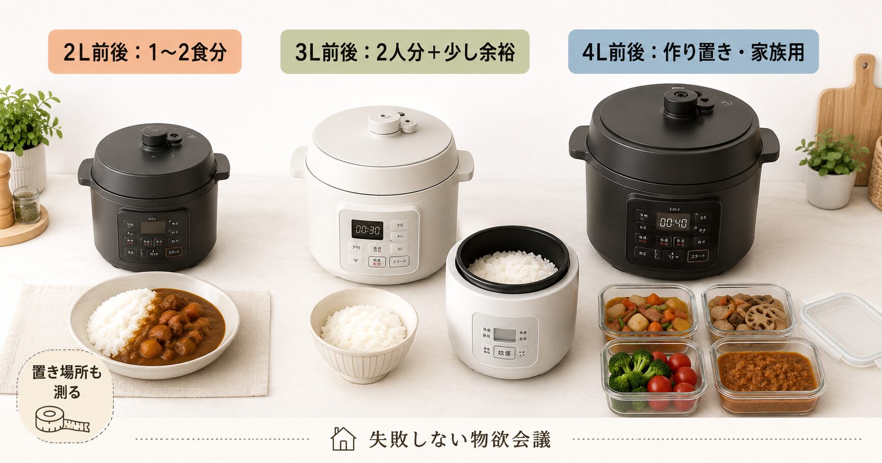 電気圧力鍋の2L・3L・4Lの容量目安を比べた画像