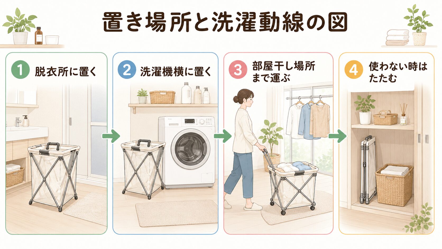 一人暮らしの部屋でランドリーバスケットを置く場所と洗濯動線をまとめた図