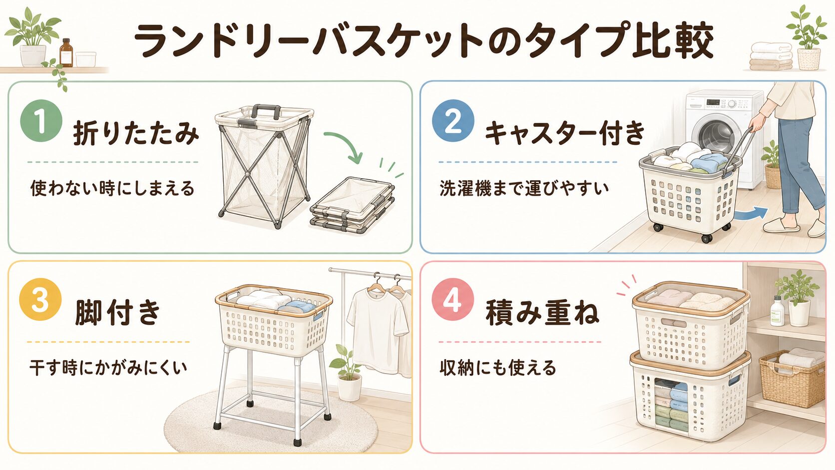 一人暮らし向けランドリーバスケットの折りたたみ・キャスター付き・脚付き・積み重ねタイプを比較した図