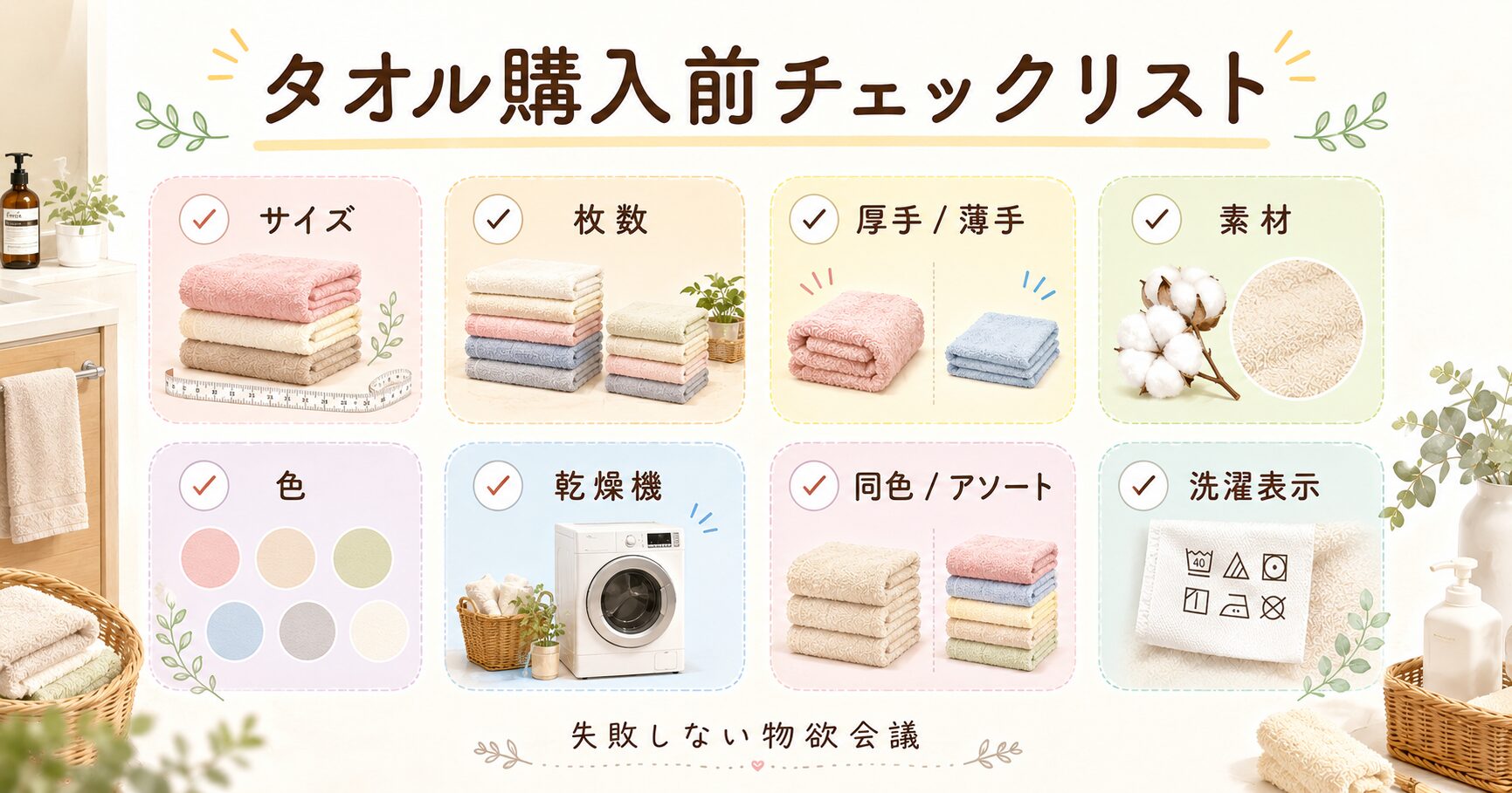 タオルを購入する前にサイズ・枚数・厚手薄手・素材・色・乾燥機対応を確認するチェックリスト