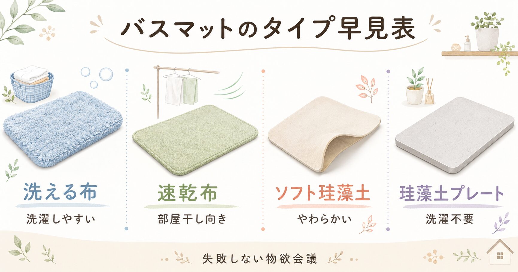 洗える布バスマット・速乾布バスマット・吸水ソフトタイプ・珪藻土プレートの違いをまとめた図