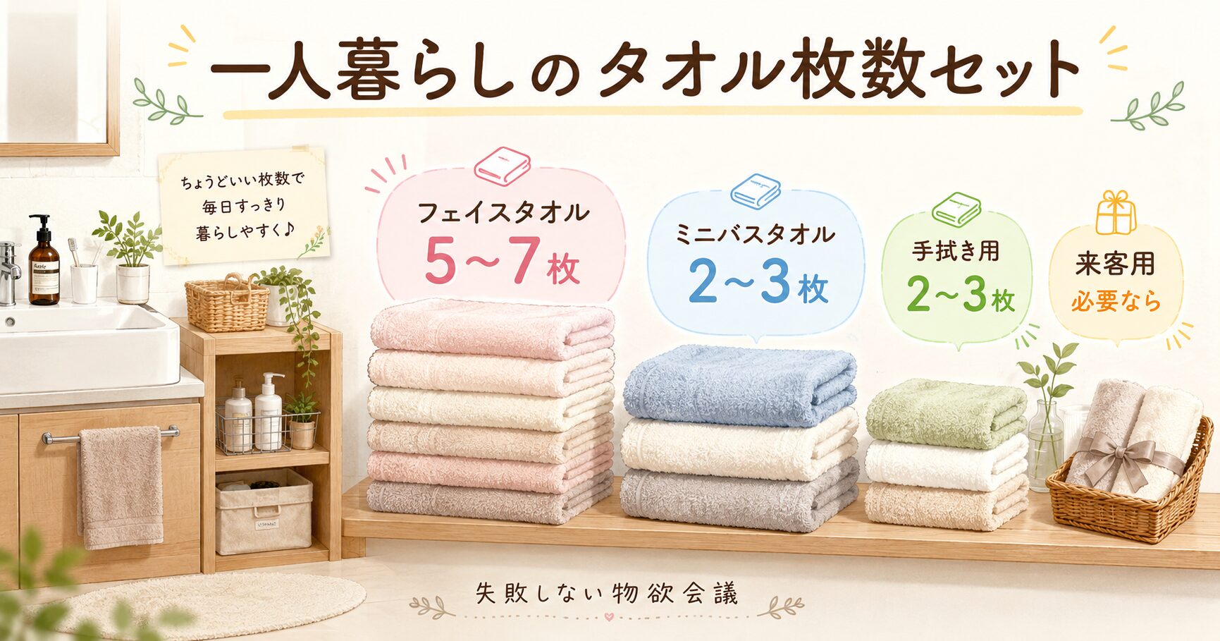 一人暮らしに必要なフェイスタオル・ミニバスタオル・手拭き用タオルの枚数目安を示した図