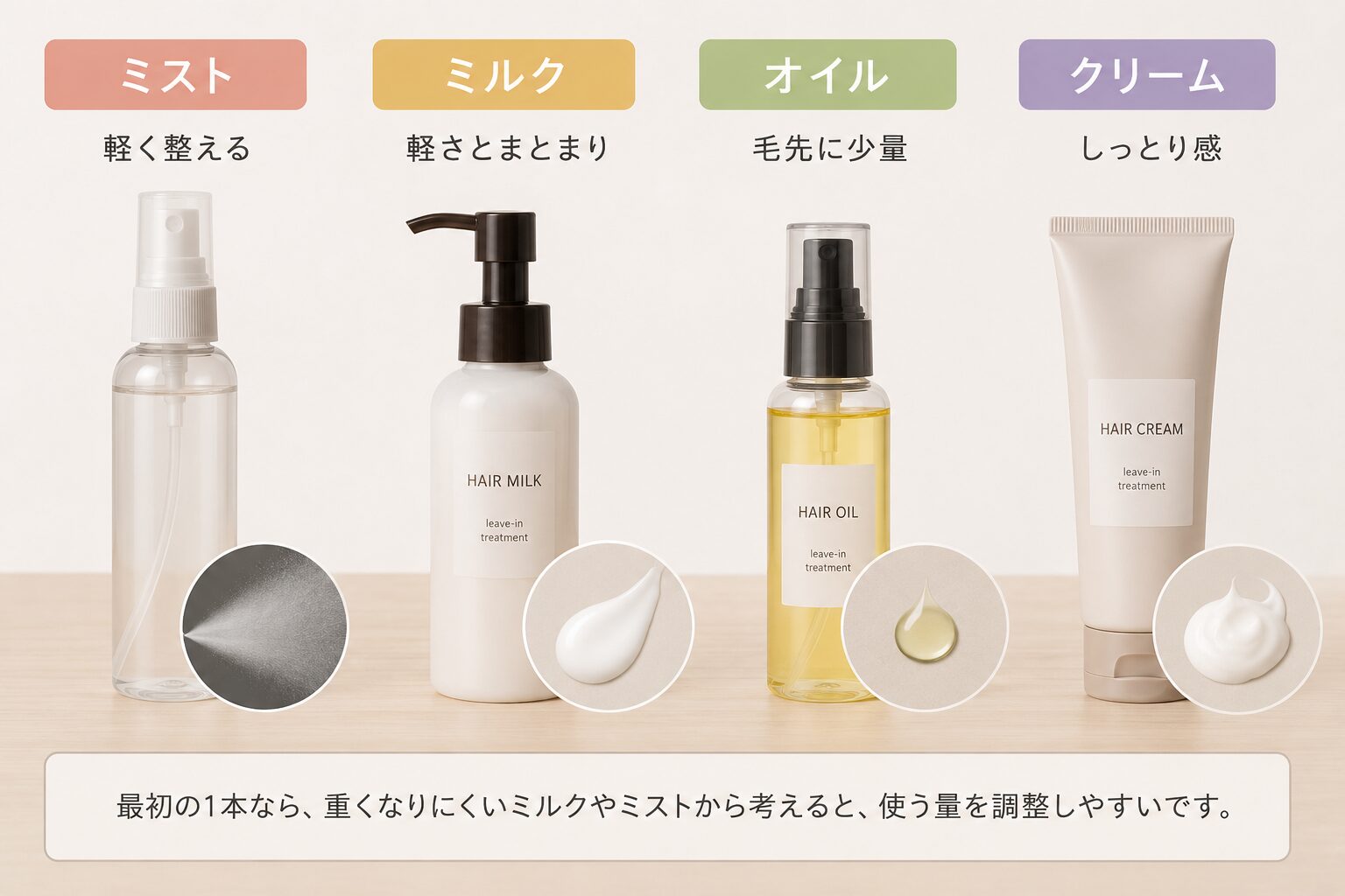 洗い流さないトリートメントのミスト、ミルク、オイル、クリームの違い