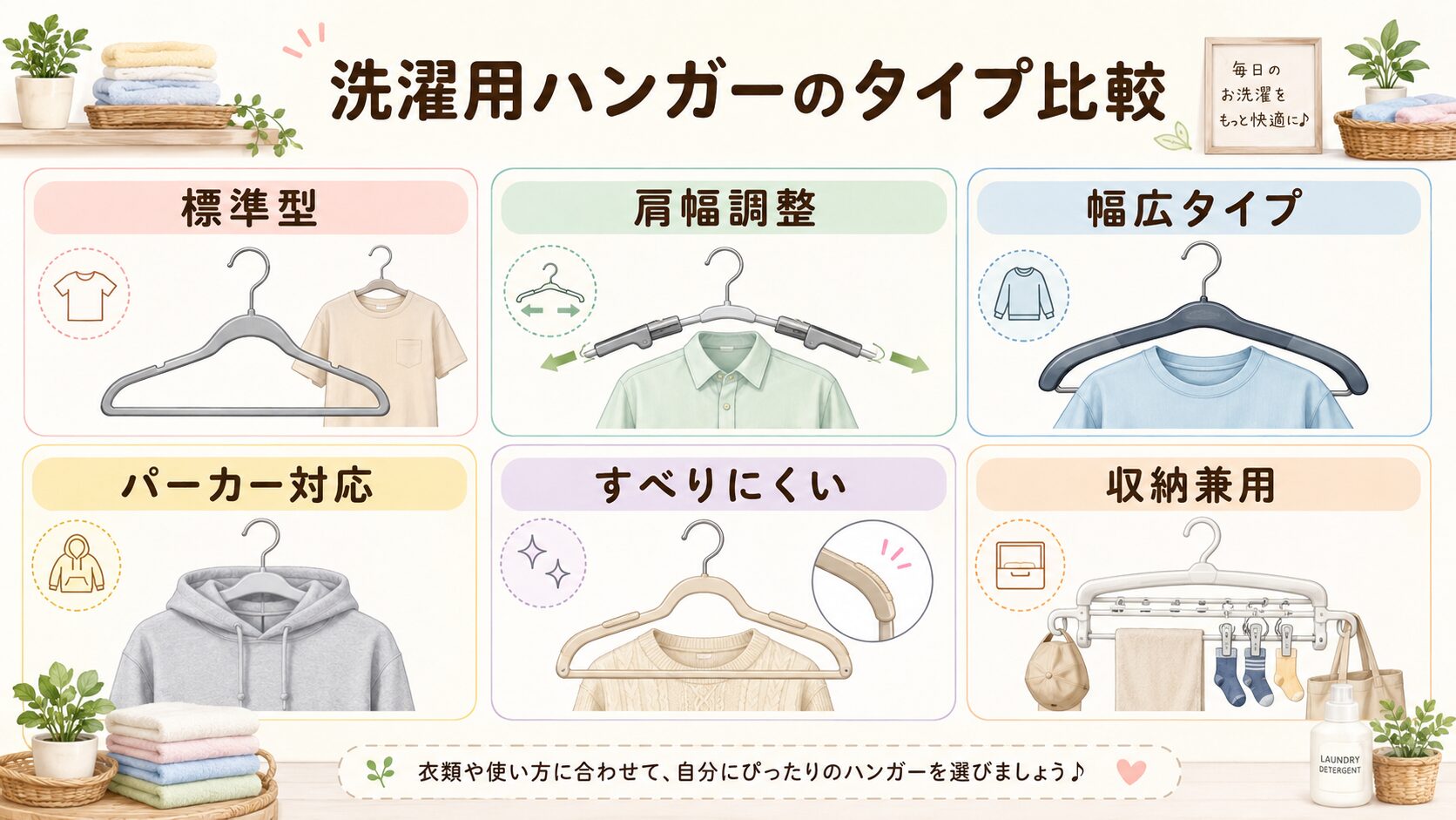 一人暮らし向け洗濯用ハンガーを標準型・肩幅調整・幅広・パーカー対応で比較した図