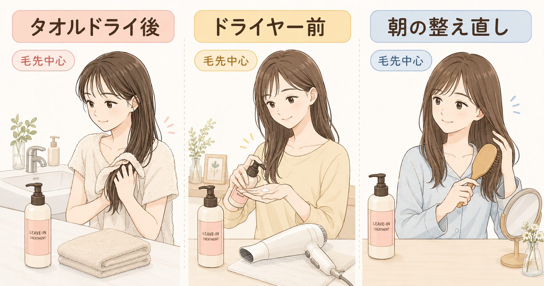 洗い流さないトリートメントを使うタイミングの違い
