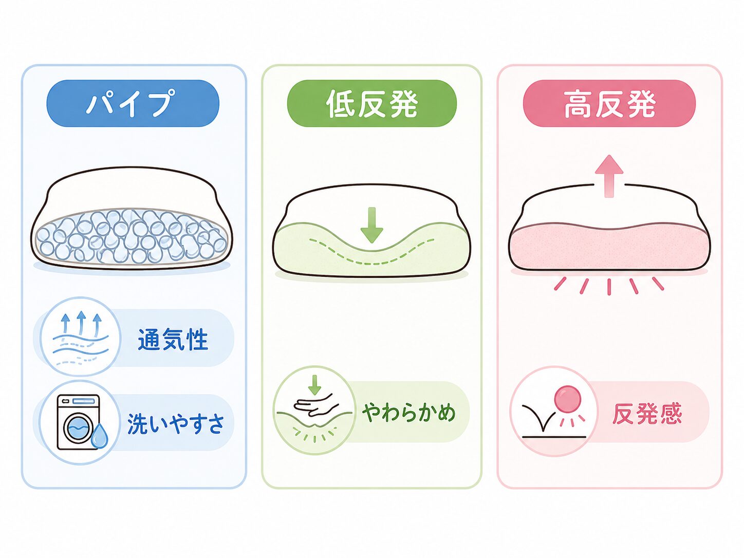 枕のパイプ低反発反発感のある素材の違いを比較した図