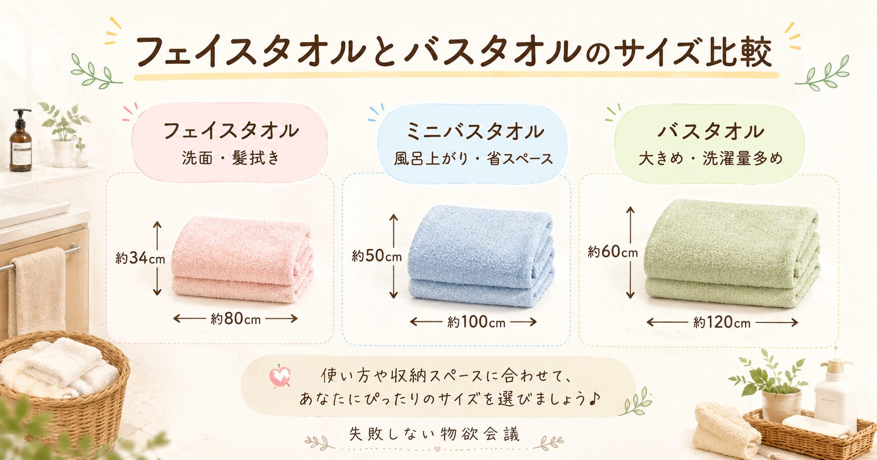フェイスタオル・ミニバスタオル・バスタオルのサイズ感と用途の違いを比較した図