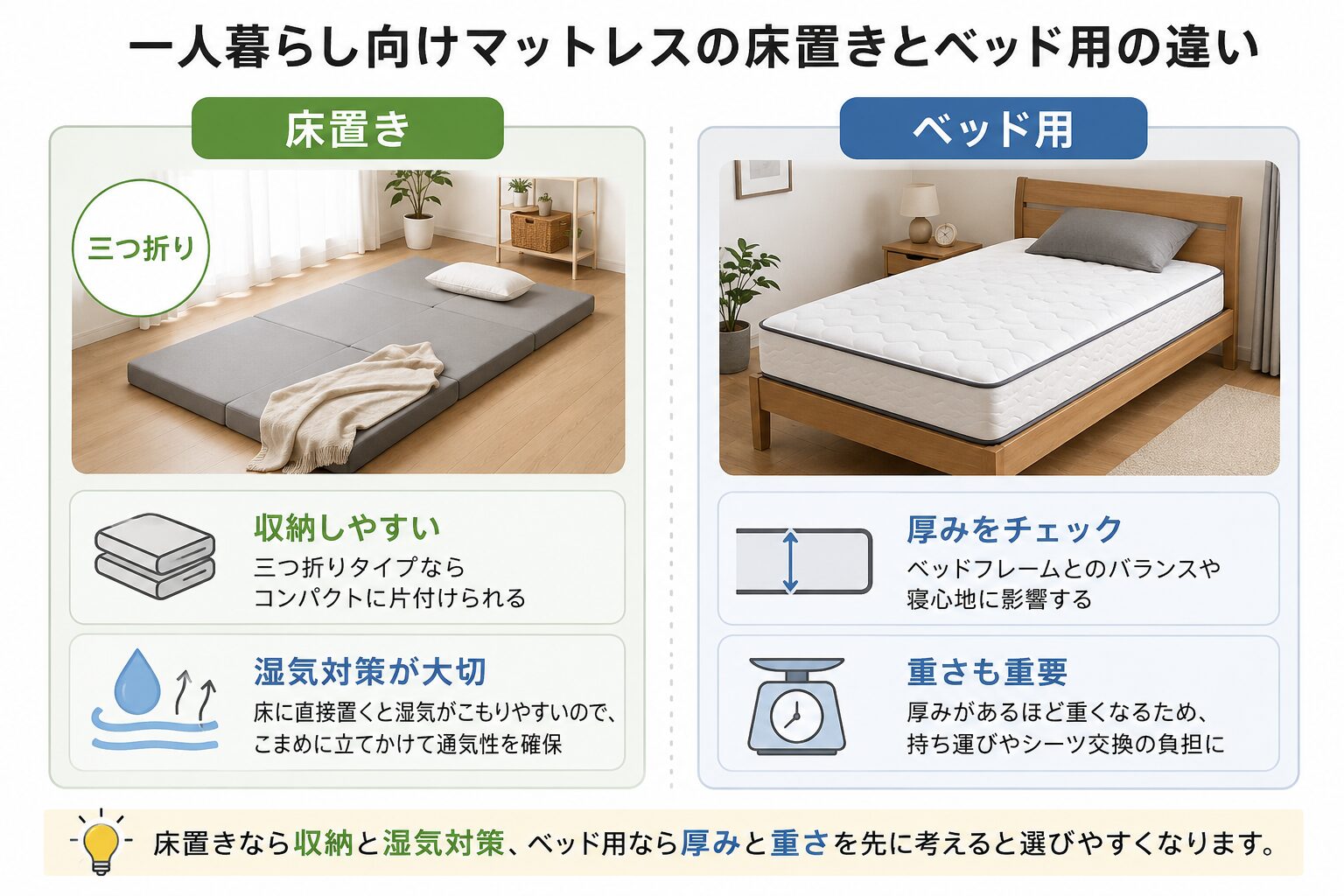 一人暮らし向けマットレスの床置きとベッド用の違いを示した図