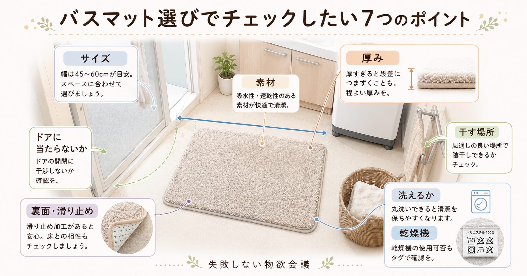 バスマット本体を見ながらサイズ・厚み・滑り止め・洗濯表示・置き場所を確認する図