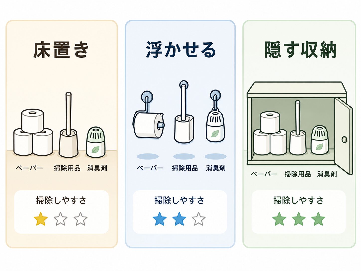トイレ収納の床置き浮かせる隠す収納の違いを示した図