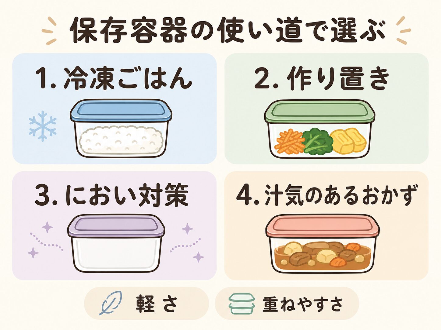一人暮らし向け保存容器の使い道を冷凍ごはん作り置きにおい対策で分けた図