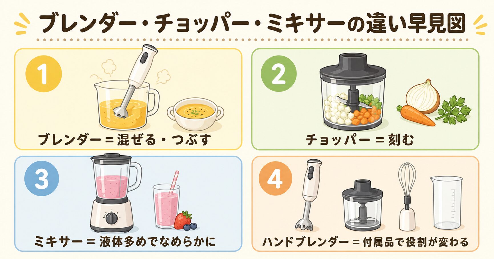 ブレンダーとチョッパーとミキサーの違いをまとめた早見図