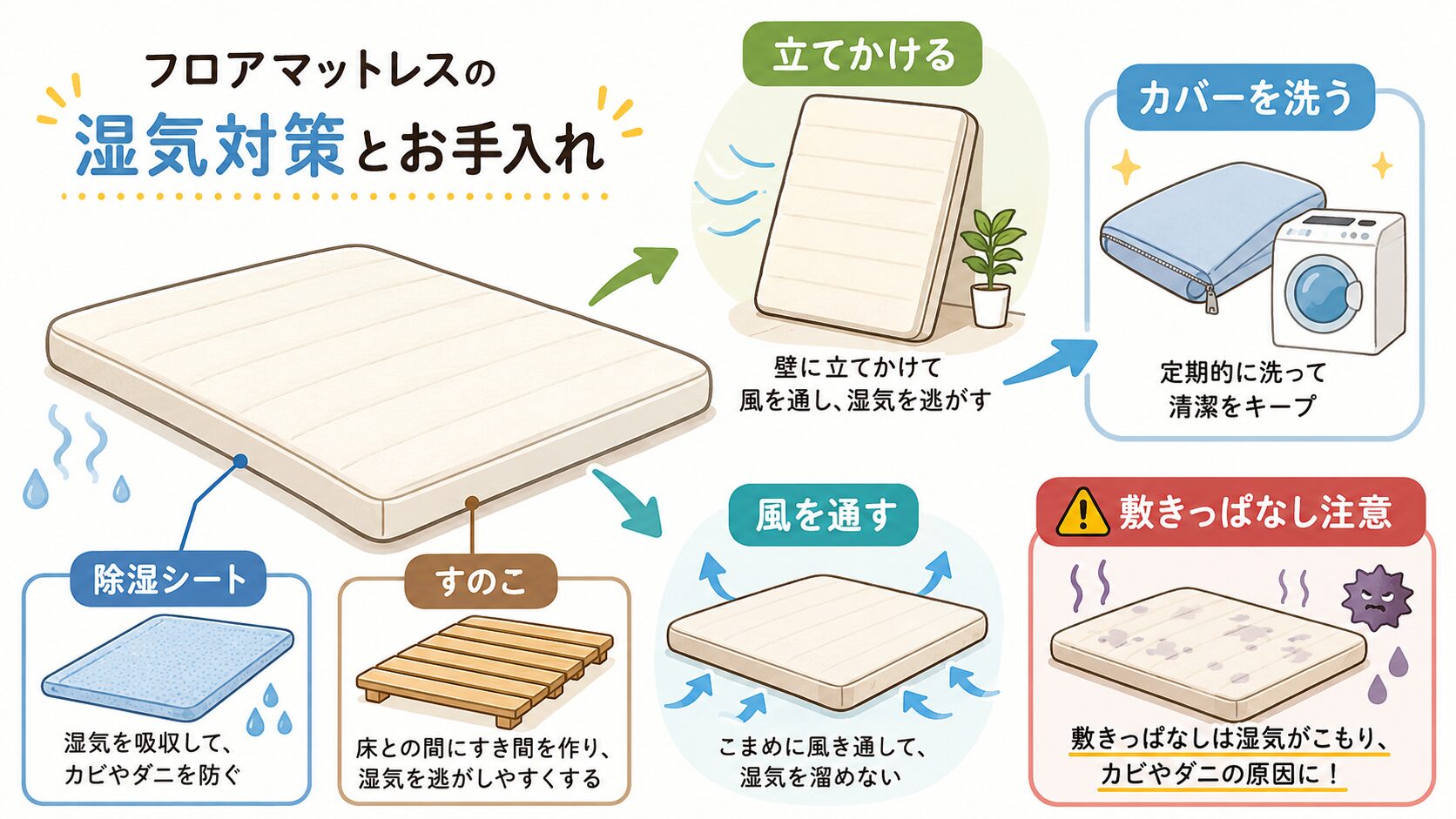 床置きマットレスの湿気対策と手入れを示した図
