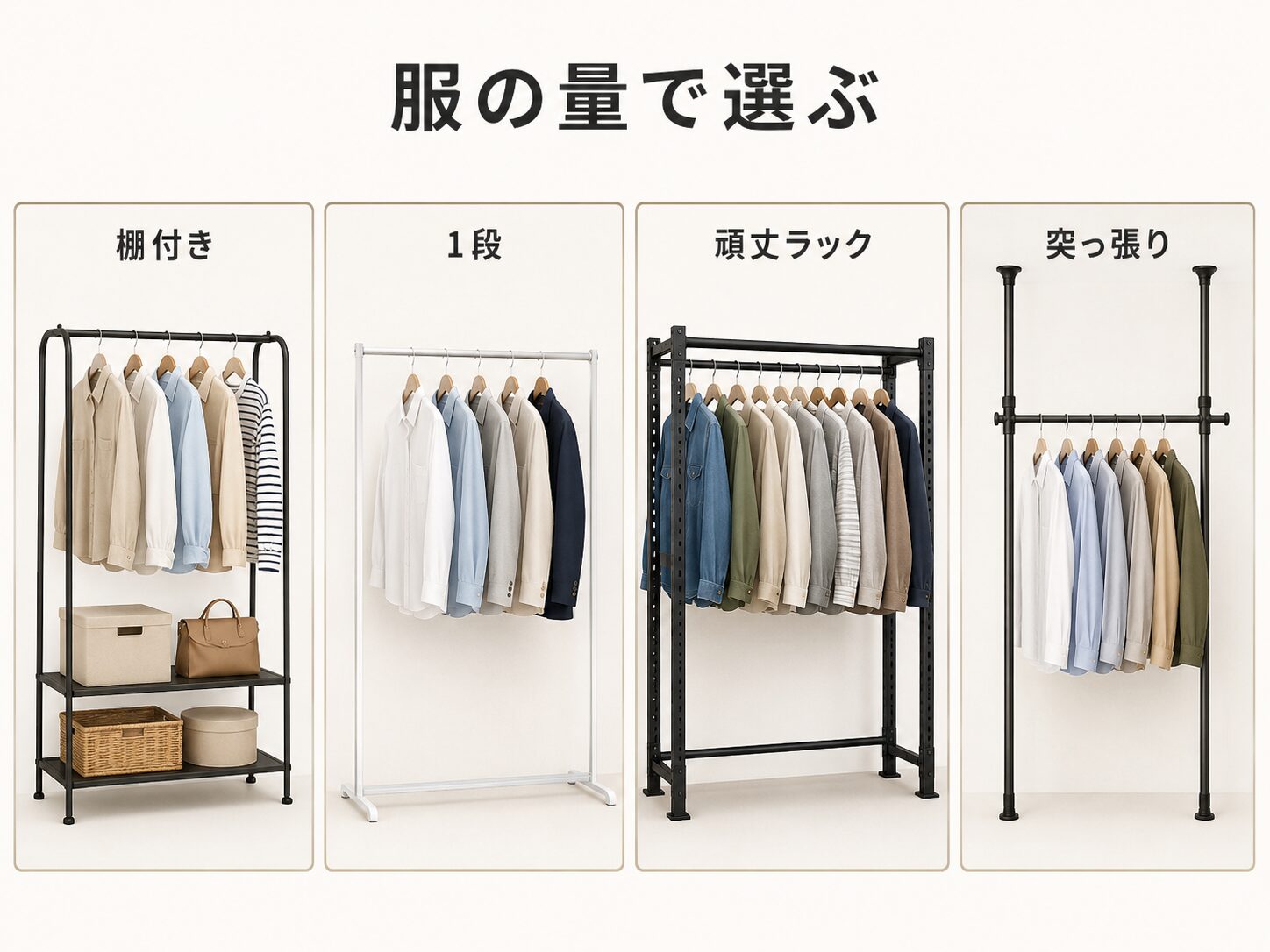 ハンガーラックに服を掛けたときの幅と奥行きを説明する画像