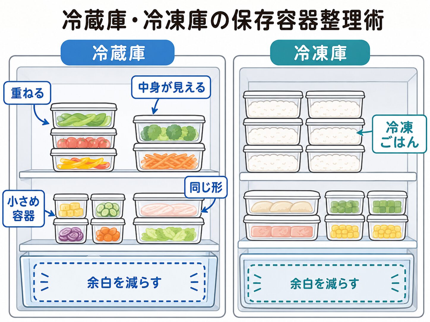 冷蔵庫と冷凍庫で保存容器を重ねて収納するポイントを示した図