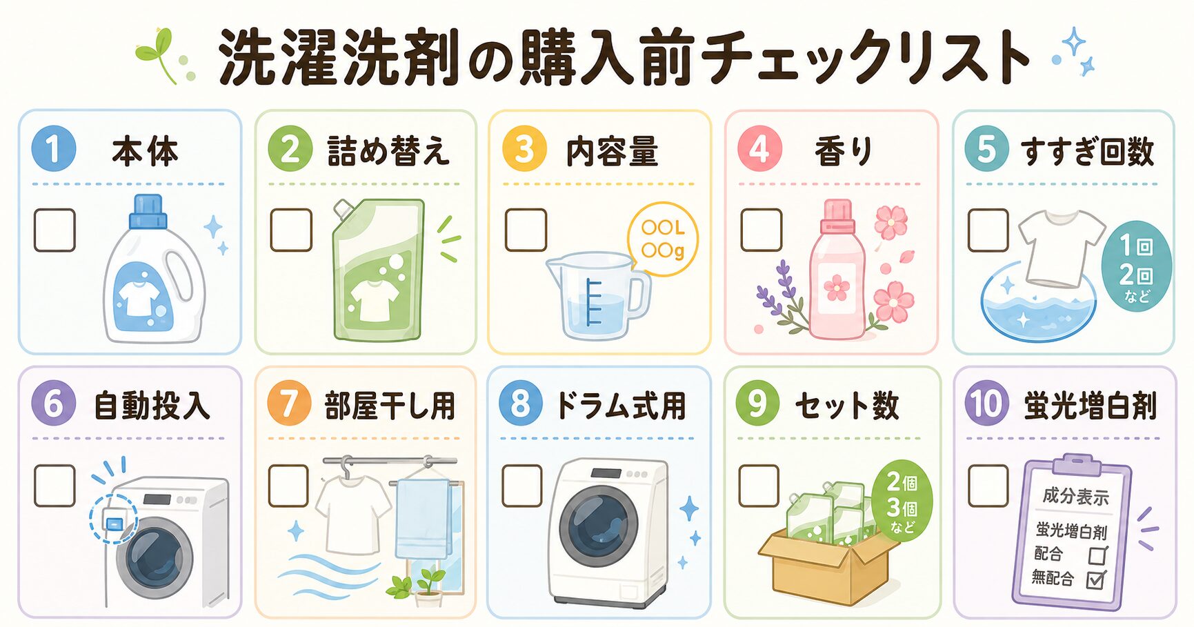 洗濯洗剤を購入する前に確かめたい本体・詰め替え・香り・すすぎ回数などのチェックリスト