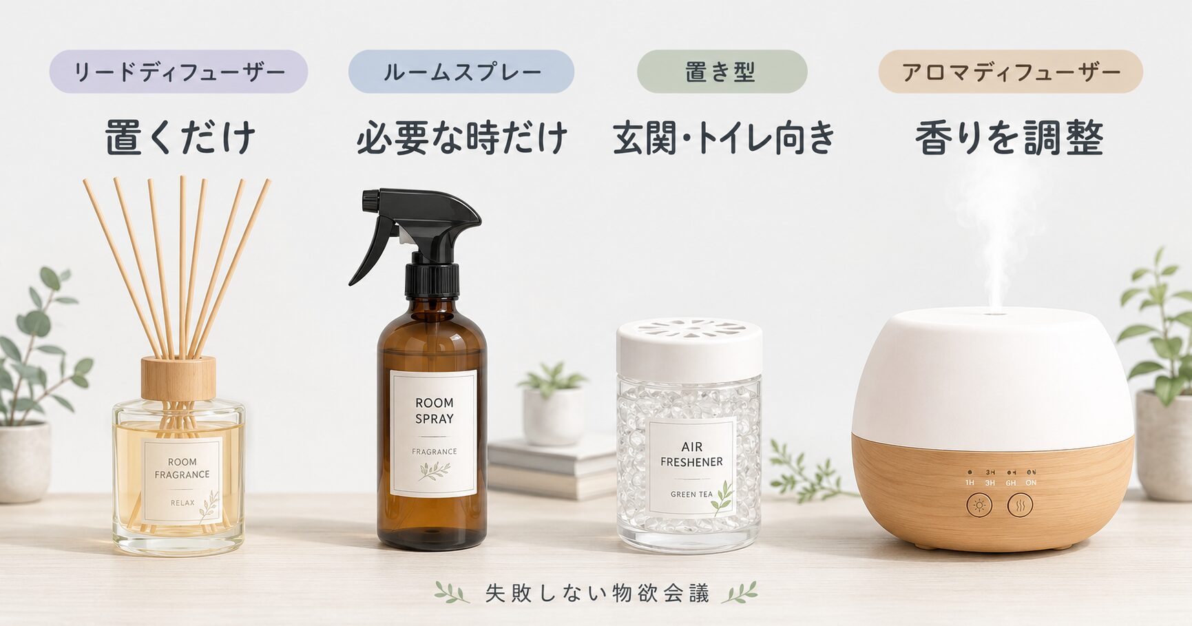 リードディフューザー、ルームスプレー、置き型、アロマディフューザーの違い