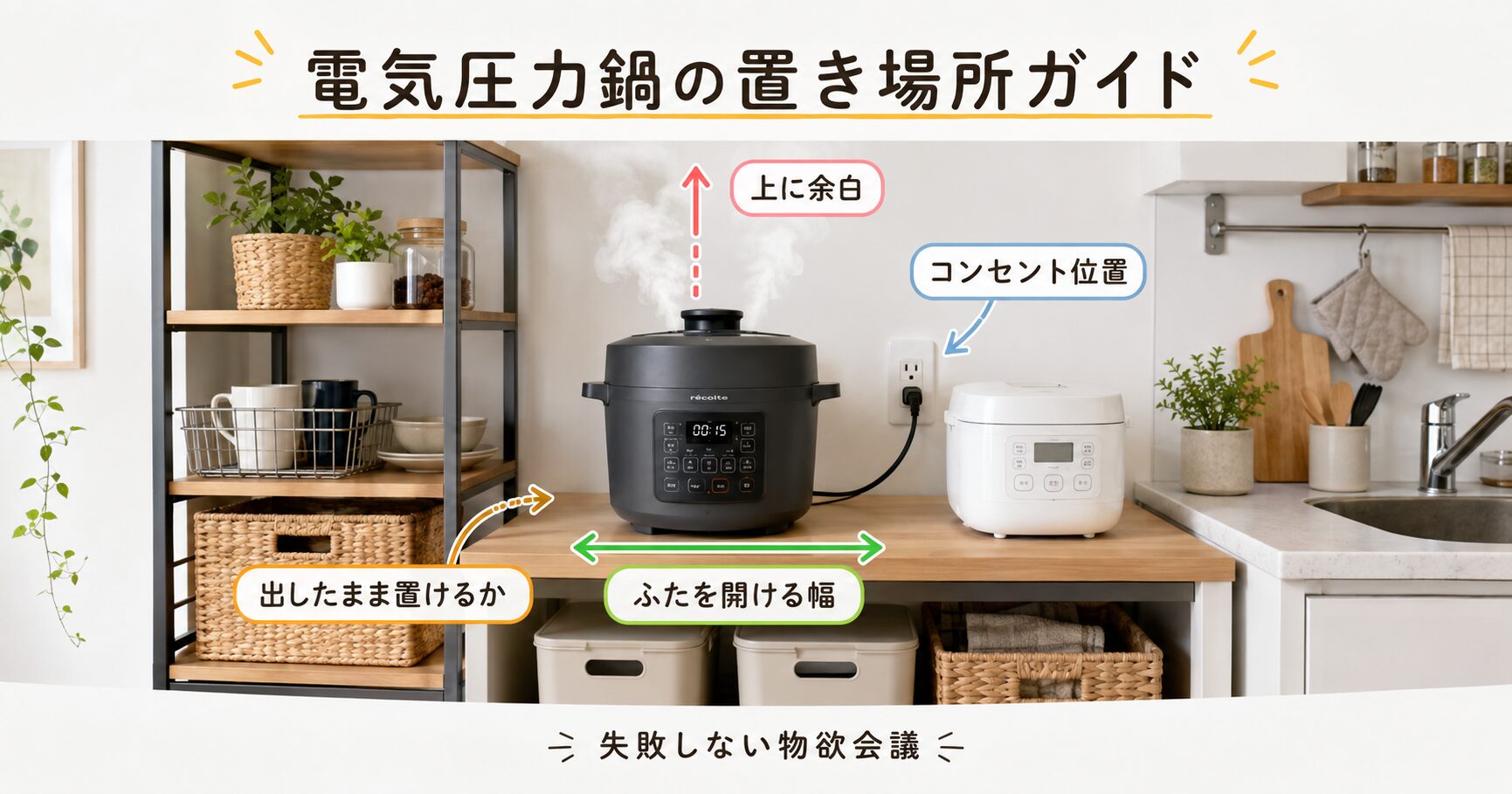 電気圧力鍋の置き場所と蒸気の逃げ道を示した画像