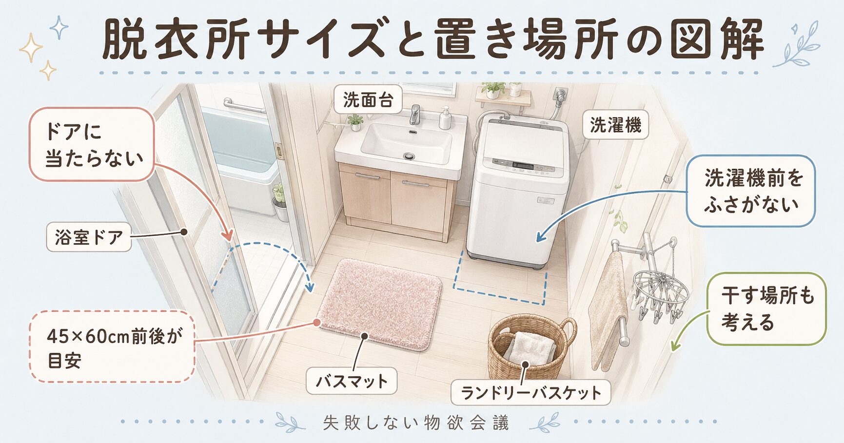 一人暮らしの脱衣所でバスマットを置く場所とサイズを確認する図