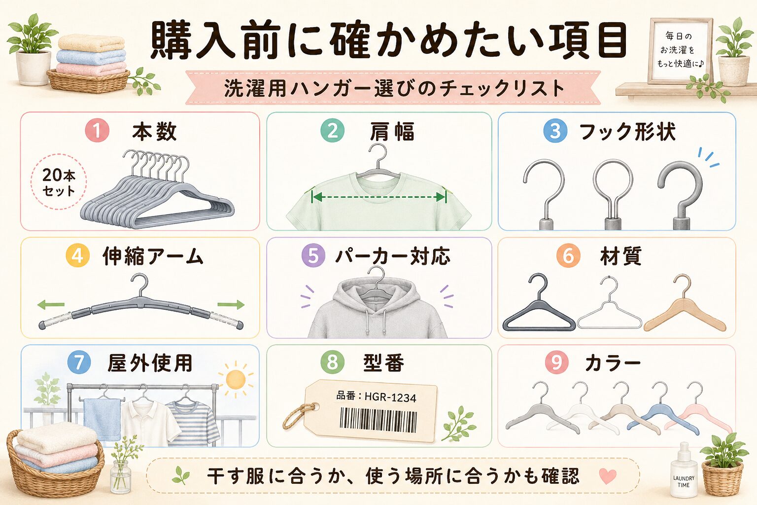 洗濯用ハンガー購入前に確かめたい本数・肩幅・フック形状・材質をまとめた図
